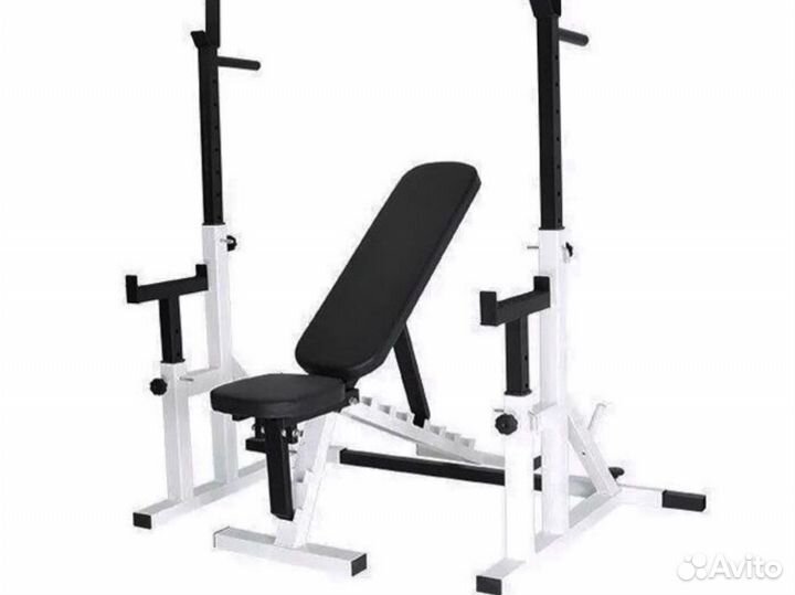 Скамья со стойками чёрно-белая для жима и приседа