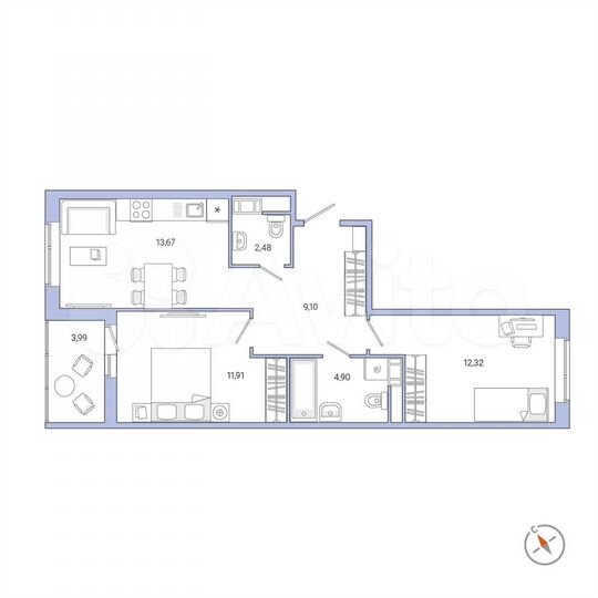 2-к. квартира, 56,4 м², 6/8 эт.