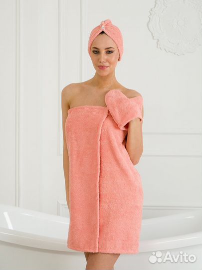 Парео-набор махровый банный женский персиковый 75