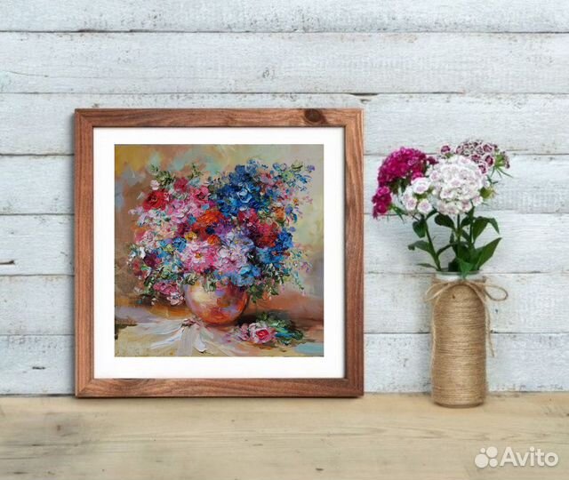 Букетики с цветочками картина маслом 25х25 см