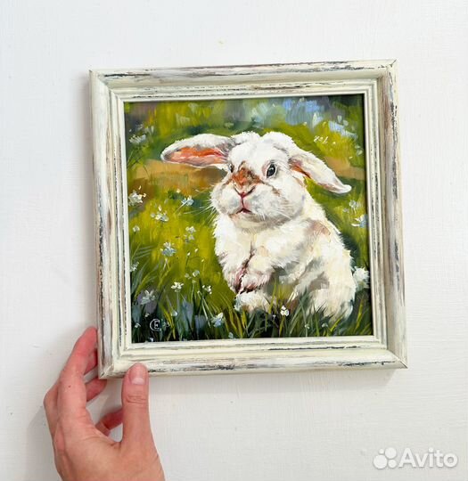 Картина маслом зайчик в рамке Картина с кроликом