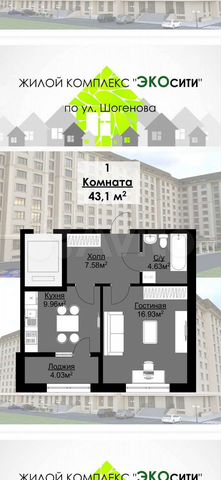 1-к. квартира, 43,1 м², 6/10 эт.