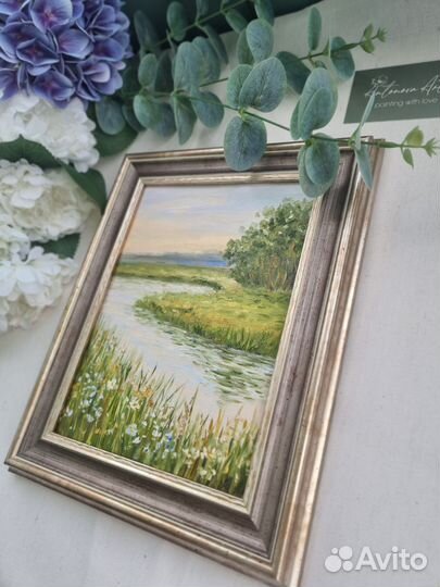 Картина маслом пейзаж река природа картина