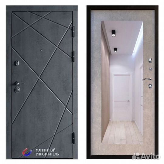 Входная дверь Лучи зеркало триумф бетон светлый