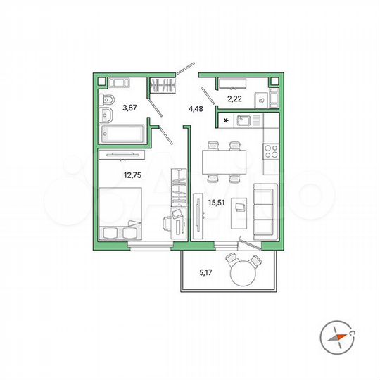 1-к. квартира, 40,4 м², 9/9 эт.