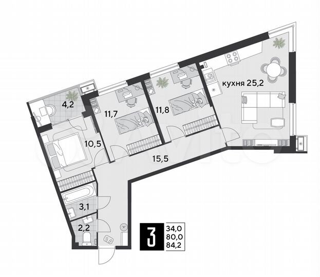 3-к. квартира, 84,2 м², 2/18 эт.