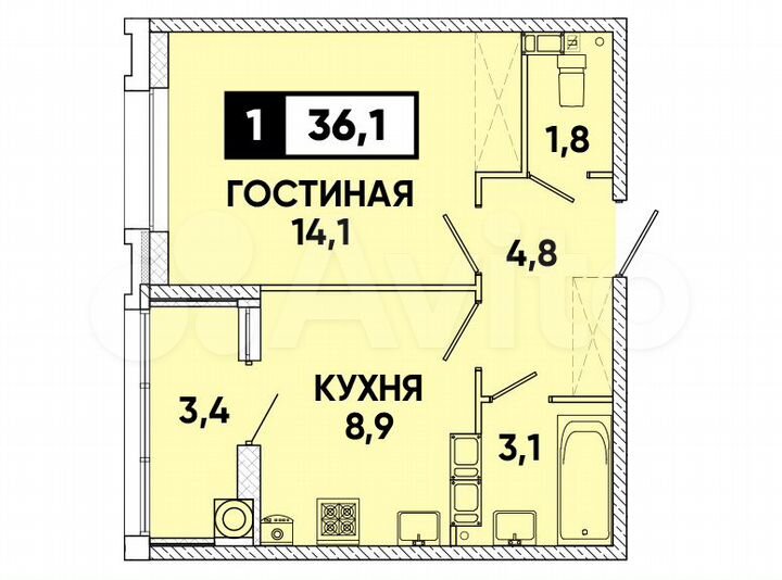 1-к. квартира, 36 м², 3/16 эт.