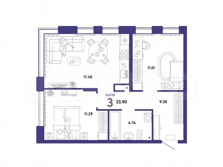 3-к. квартира, 53,9 м², 2/16 эт.