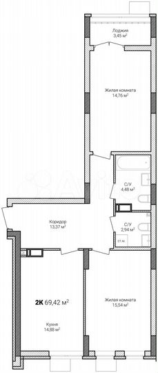 2-к. квартира, 69,4 м², 12/15 эт.