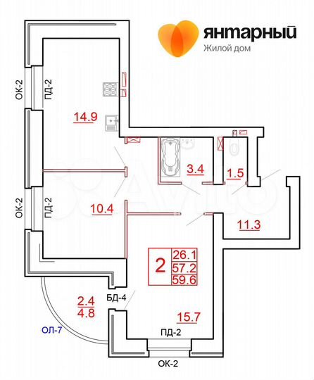 2-к. квартира, 59,6 м², 8/10 эт.