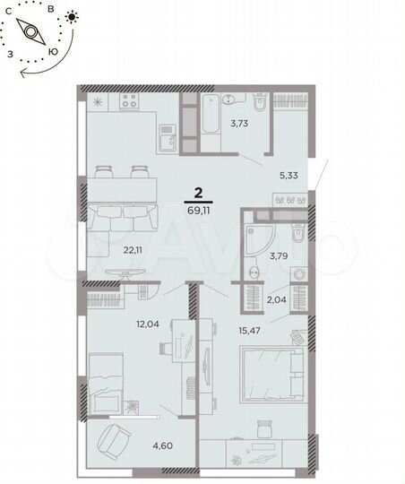 2-к. квартира, 69,1 м², 14/25 эт.