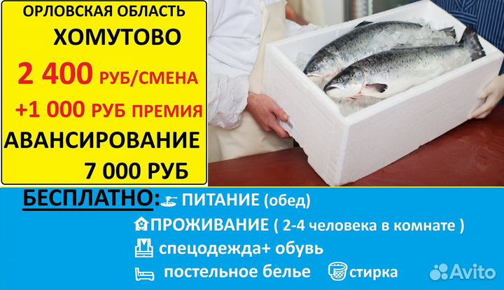 Грузчик рыбы вахта+питание+премия Хомутово
