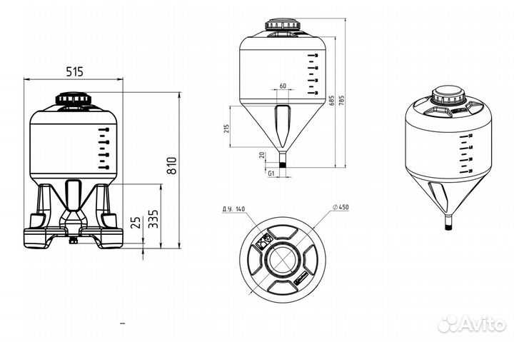 Конусный бак цкт из пластика на 60 л с подставкой