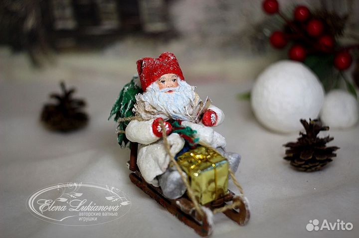 Ватная игрушка Дед Мороз на санях
