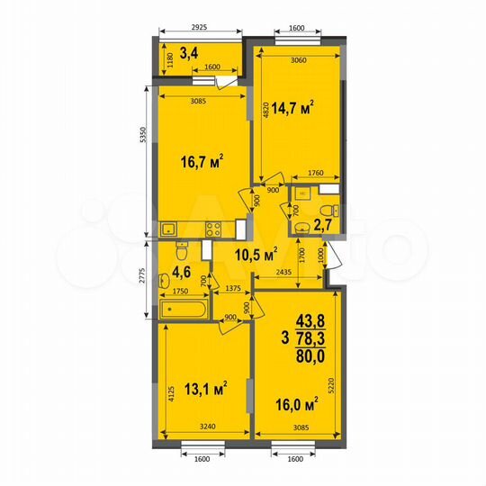 3-к. квартира, 80 м², 3/17 эт.