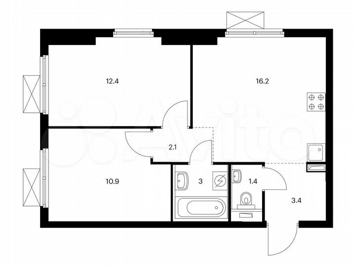 2-к. квартира, 49,4 м², 3/25 эт.