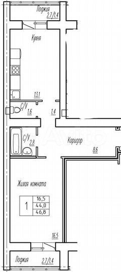 1-к. квартира, 44 м², 9/9 эт.