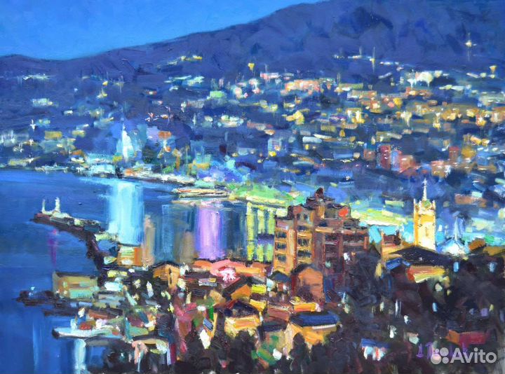 Картина, холст/масло. Ночная Ялта