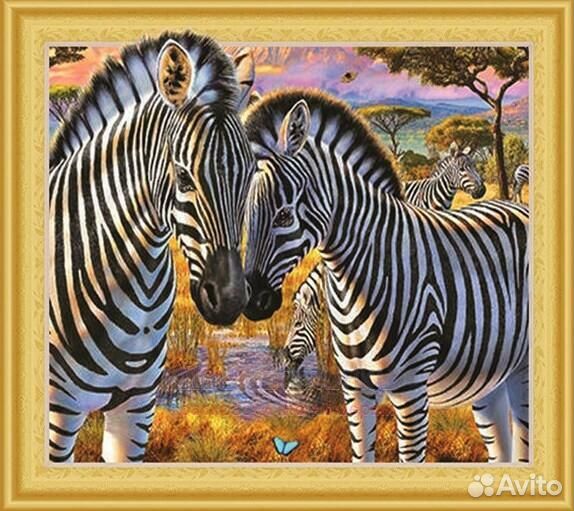 Алмазная мозаика 40x50 Зебры у водопоя в Африке