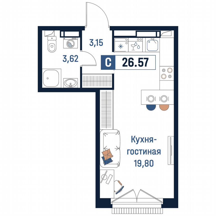 Квартира-студия, 26,6 м², 15/18 эт.