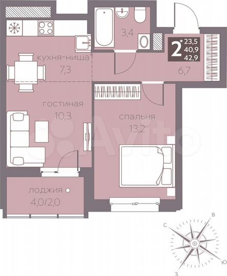 2-к. квартира, 42,9 м², 10/16 эт.