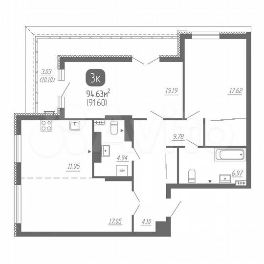 3-к. квартира, 95,2 м², 22/22 эт.