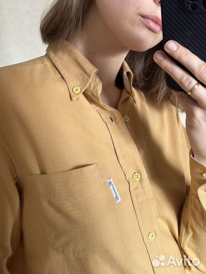Желтая хлопковая рубашка в клетку, 48-50 р