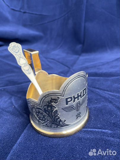 Подстаканник с ложкой, ржд, серебро 925