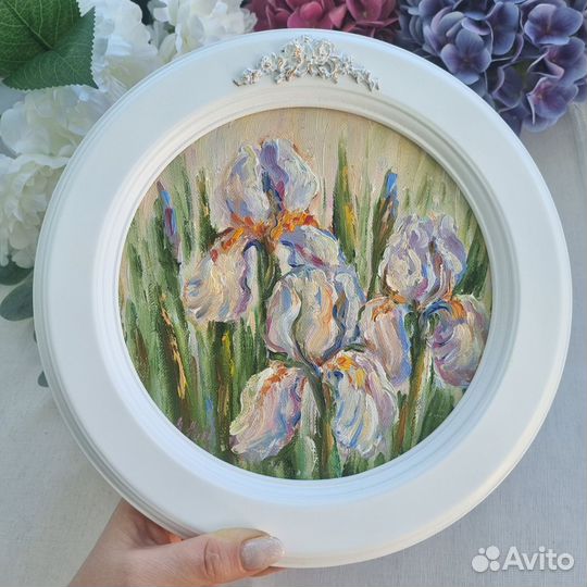 Картина ирисы маслом цветы круглая картина