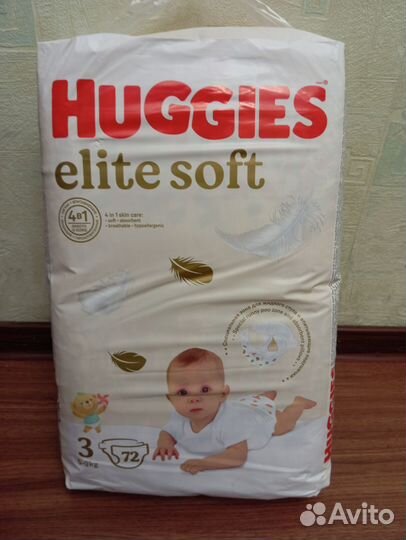 Памперсы подгузники huggies elite soft 3 72шт