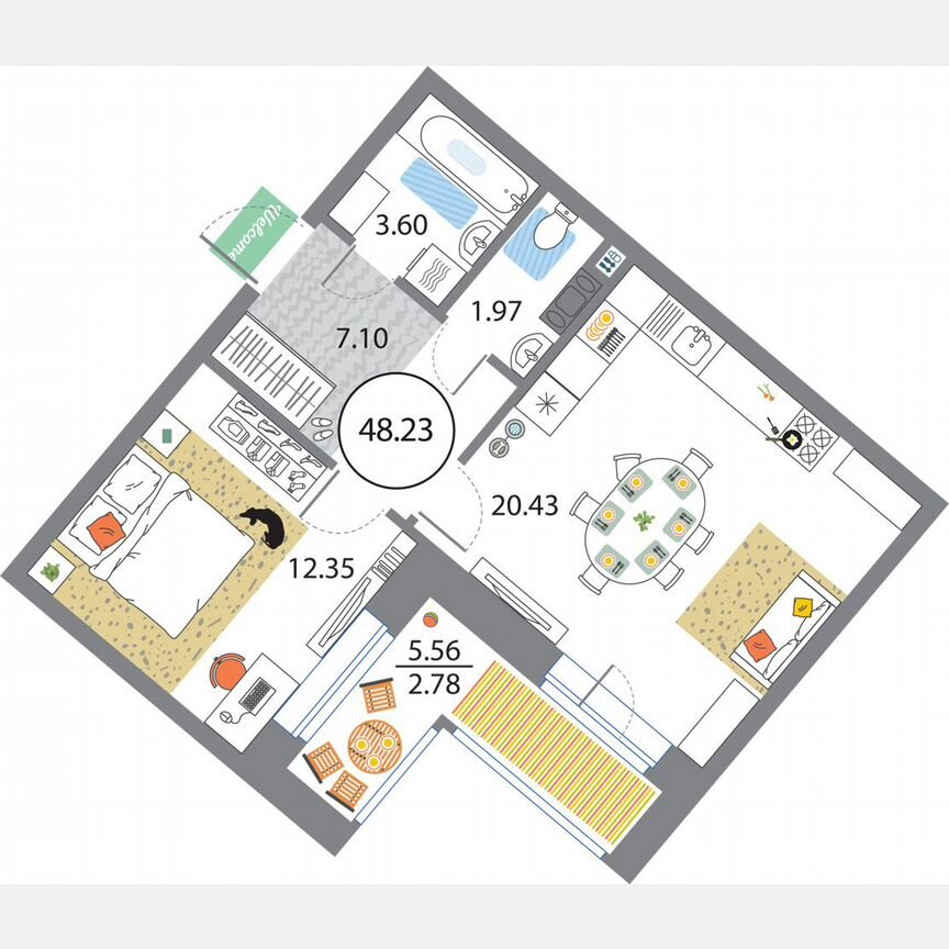 1-к. квартира, 48,2 м², 9/12 эт.