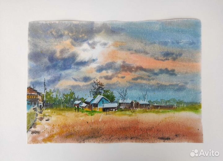 Картина акварелью. Сельский пейзаж