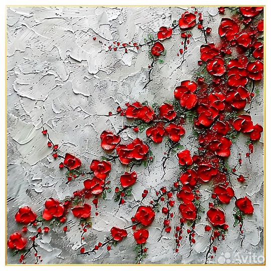 Текстурная картина маслом с цветами Красные Цветы