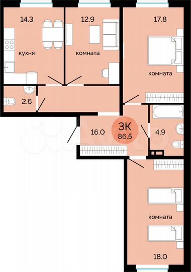 3-к. квартира, 86,5 м², 7/14 эт.