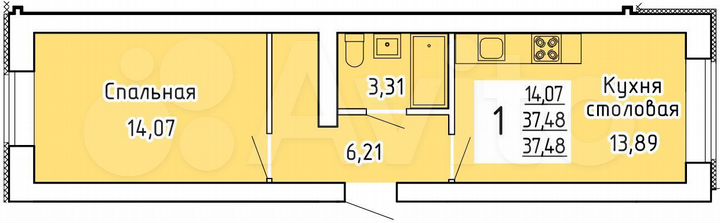 1-к. квартира, 37,5 м², 1/9 эт.