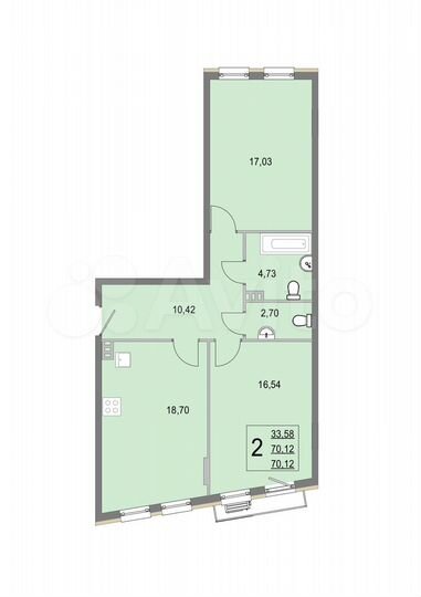 2-к. квартира, 70,1 м², 3/4 эт.