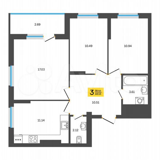 3-к. квартира, 68,5 м², 15/18 эт.