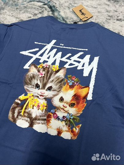 Футболка Stussy стусси котики коты синяя