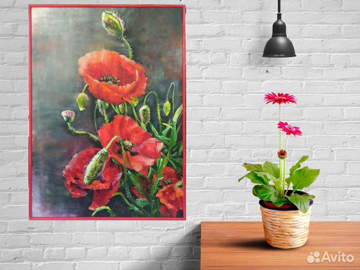 Картина, цветы. Красные маки, масло