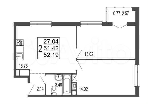 2-к. квартира, 51,4 м², 8/17 эт.