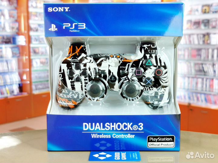 PS3 Геймпад. Череп. черно-бело-оранжевый. Новый