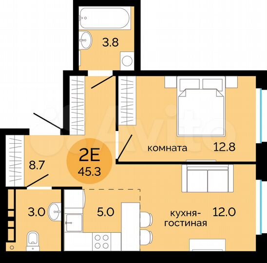 2-к. квартира, 45,3 м², 11/14 эт.
