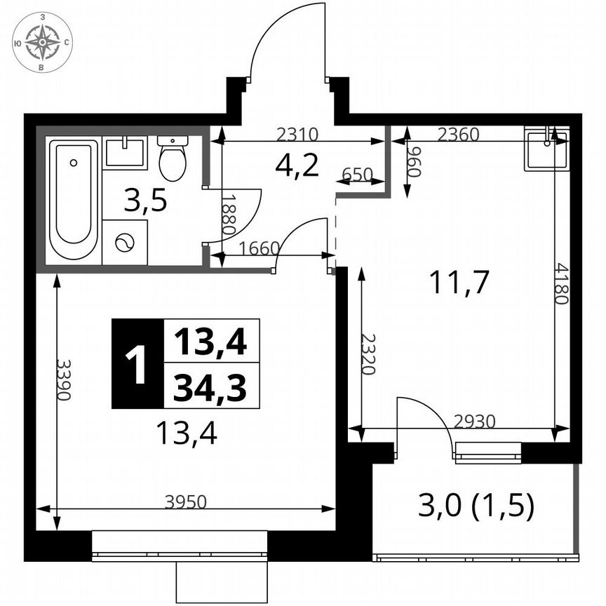 1-к. квартира, 34,3 м², 12/12 эт.