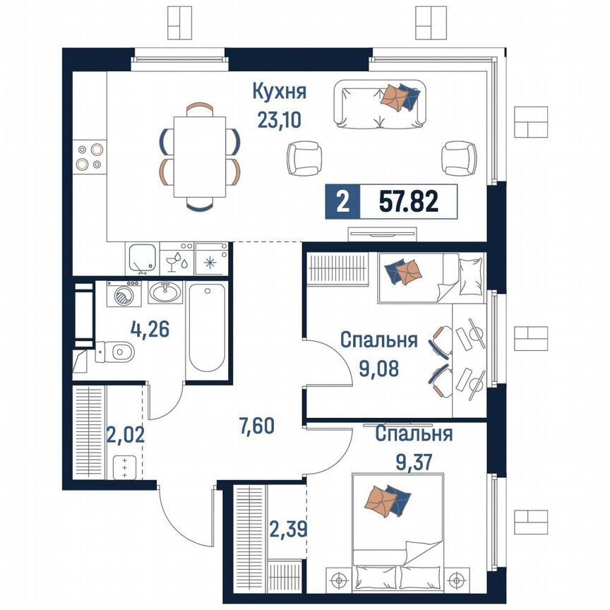 2-к. квартира, 57,8 м², 4/18 эт.