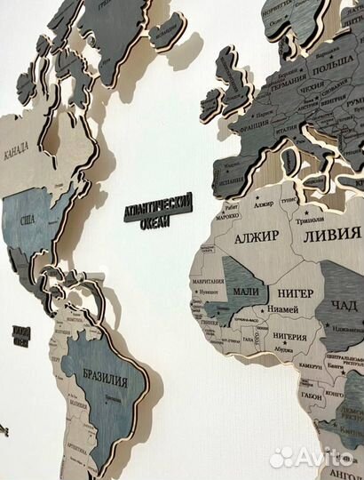 Карта мира из дерева пано на стену с подсветкой