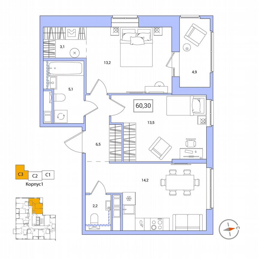 2-к. квартира, 60,3 м², 12/12 эт.