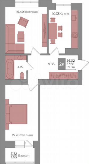 2-к. квартира, 57,7 м², 8/9 эт.