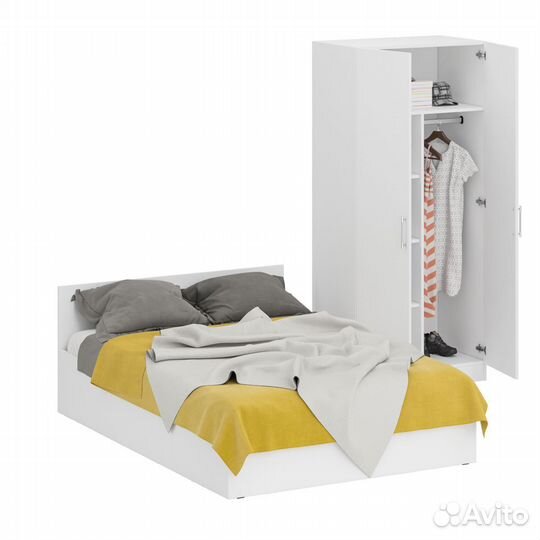 Кровать белая двуспальная 1400 со шкафом для одежды 2-х створчатым Стандарт, цвет белый, спальное ме