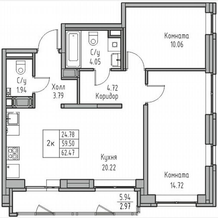 2-к. квартира, 62,5 м², 18/23 эт.