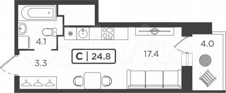 Квартира-студия, 24,4 м², 5/24 эт.